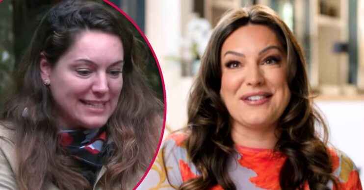 Composite image of Kelly Brook; on I'm A Celeb and in an interview beforehand (Credit: ITV/Composite: EI)