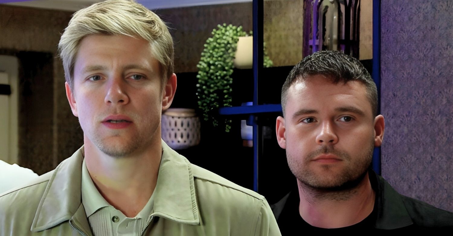 Robert and Aaron look worried in Emmerdale (Credit: ITV)