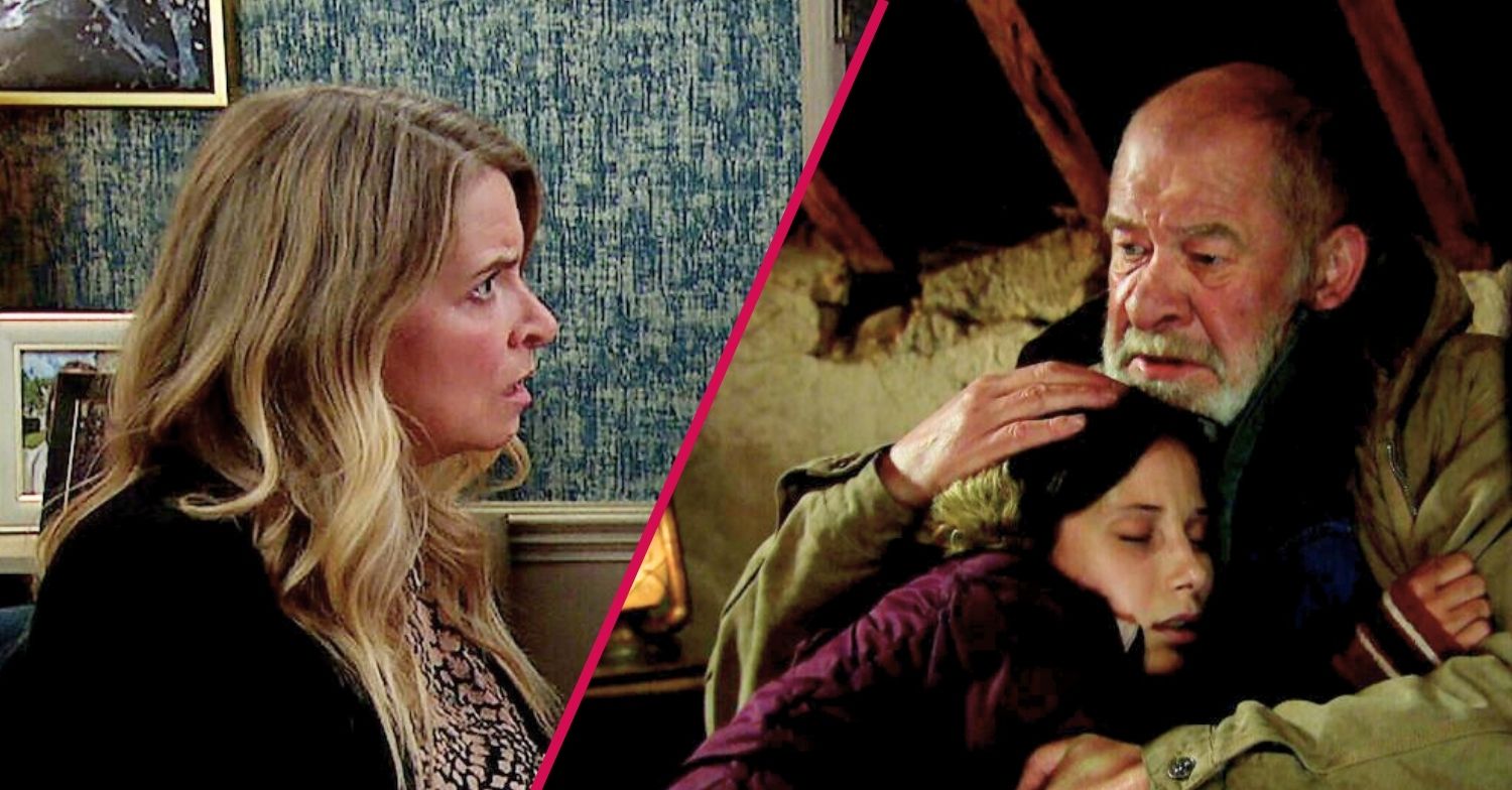 Charity and Bear and Anya in Emmerdale split shot (Credit: ITV)