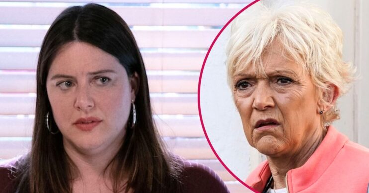Zoe looks worried in EastEnders; inset, Jean looking angry (Credit: BBC/Composite: ED!)