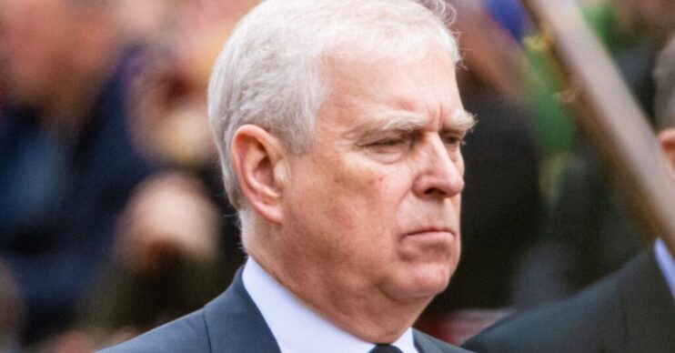 Andrew Mountbatten-Windsor in a suit frowning