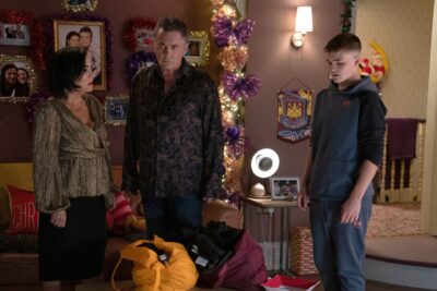 Kat, Alfie and Tommy in The Vic, looking tense