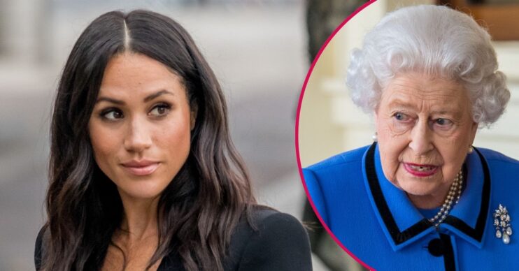 ED composite of Meghan Markle and Queen Elizabeth II with serious expressions