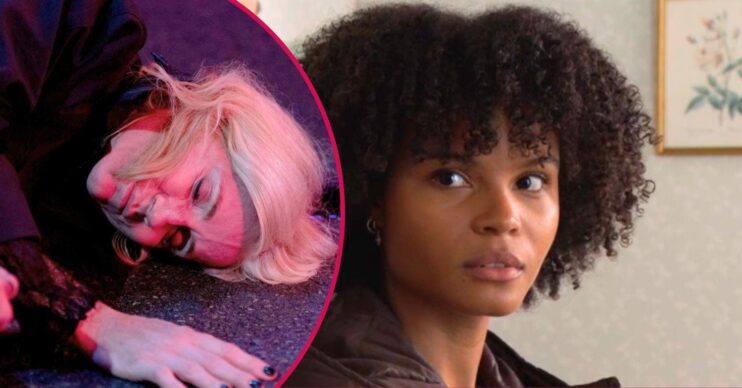 Jasmine looks shady on EastEnders; inset, Cindy unconscious (Credit: BBC/Composite: ED!)