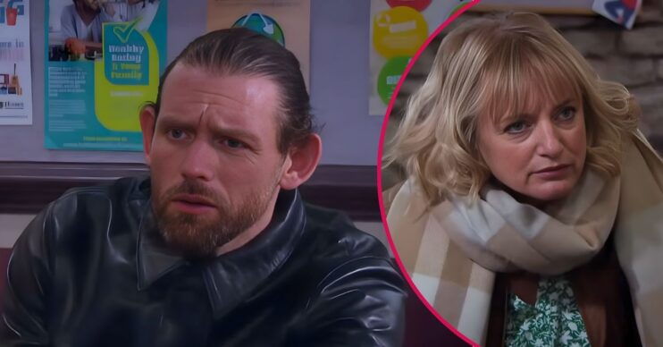 Kev in Emmerdale with Nicola both looking stressed (Credit: ITv)