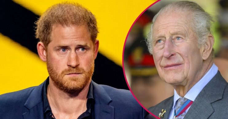 ED composite of Prince Harry and King Charles with serious expressions