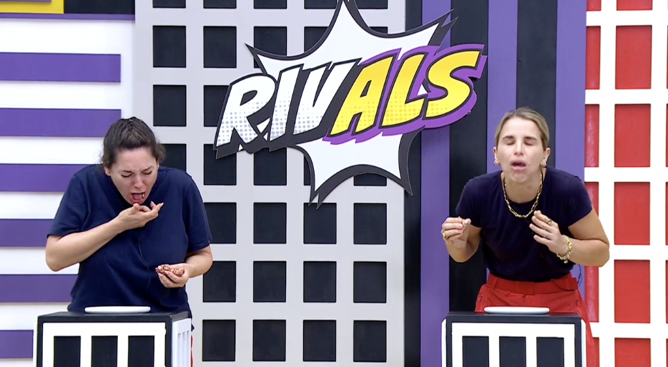 Kelly Brook and Vogue Williams struggle during tonight's eating trial