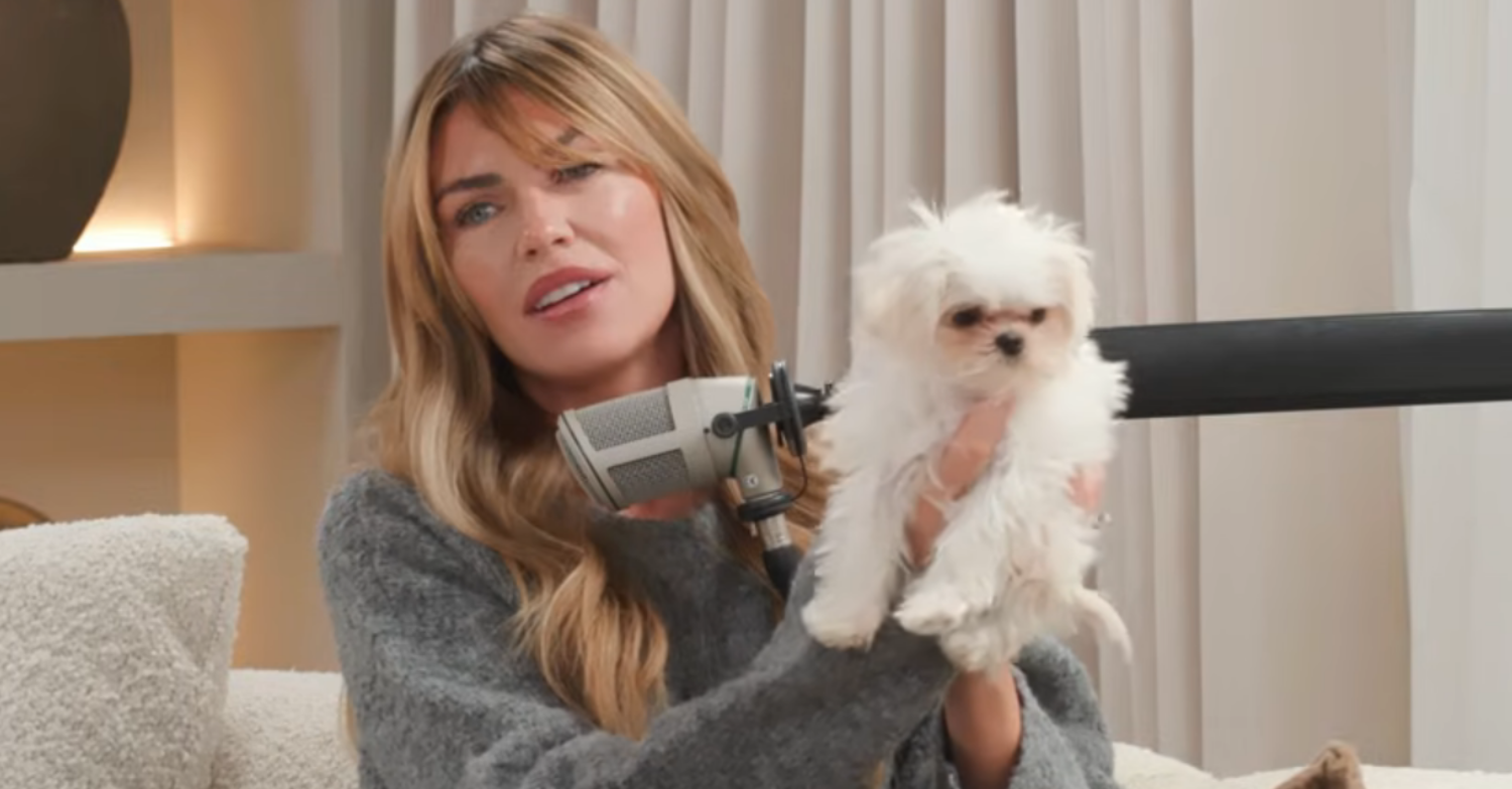 Abbey Clancy holding her new puppy