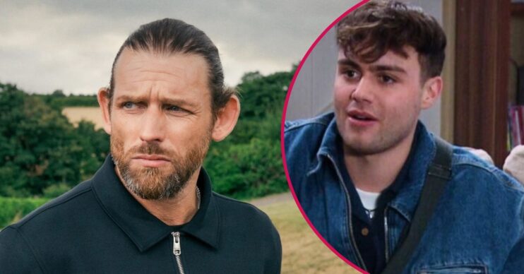 Kev in Emmerdale looks mysterious and Lewis look shocked (Credit: ITV/Comp ED!)