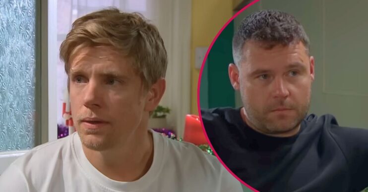 Robert and Aaron look worried in Emmerdale (Credit: ITV/Comp ED!)
