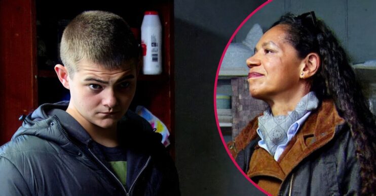 ED split pic: Dylan scared / Celia giving him a bat in Emmerdale