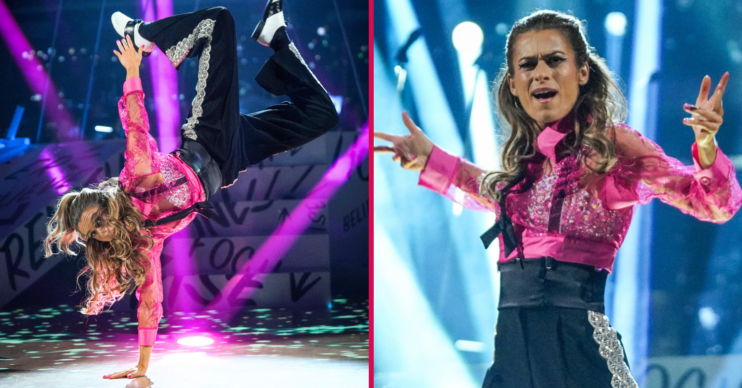 Karen Carney dancing on Strictly wearing pink