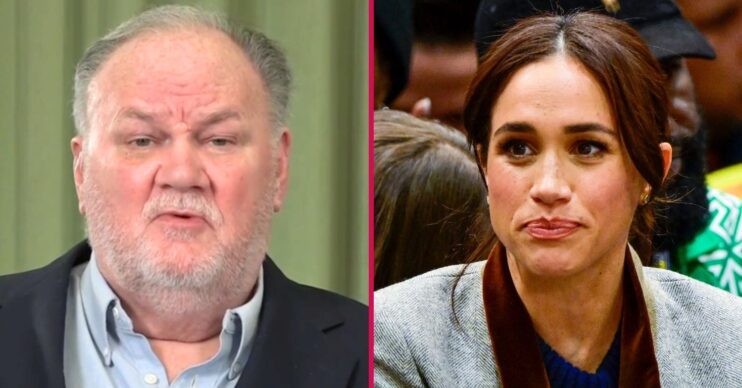 ED composite of Thomas and Meghan Markle with serious expressions