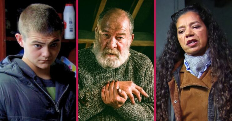 Dylan Bear and Celia in Emmerdale split shot (Credit: ITV)