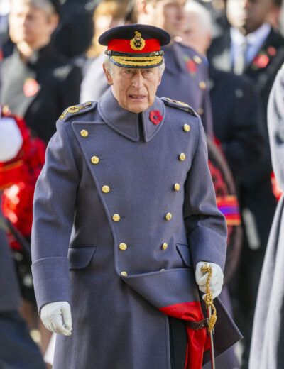 King Charles on Remembrance Sunday wearing an Airforce blue coat