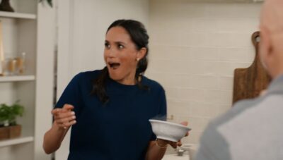Meghan Markle with her mouth open on With Love, Meghan holiday special