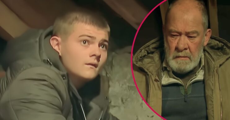 Dylan looks shocked and Bear looks distant in Emmerdale (Credit: ITV/Comp ED!)