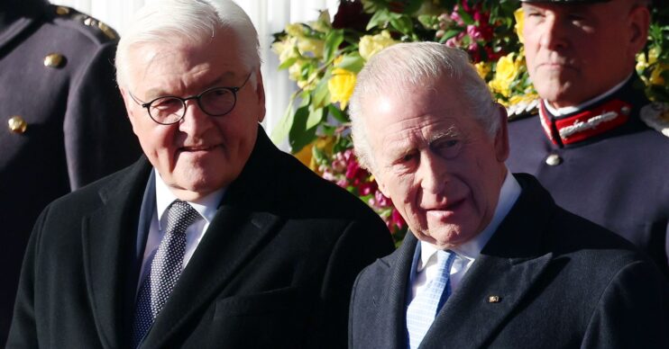 King Charles frowning beside President Frank-Walter Steinmeier