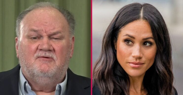 ED composite of Meghan Markle with serious expression and her father Thomas on GMB
