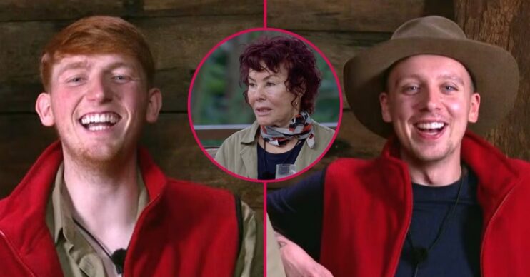 Angry Ginge and Aitch smiling with an Image of Ruby Wax between them