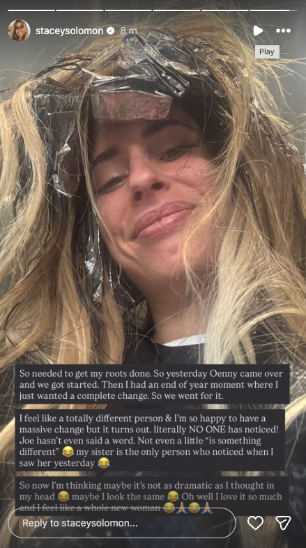 Stacey Solomon with foils in her hair