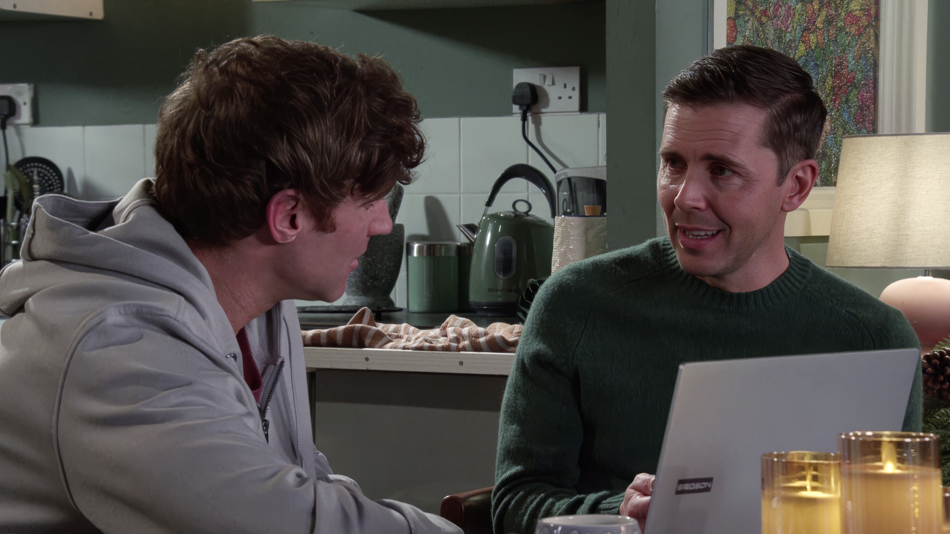 Theo and Todd on laptop in Coronation Street