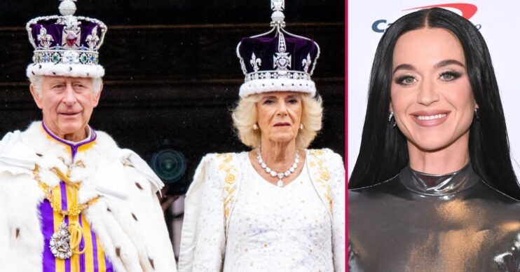 ED composite of Katy Perry smiling and King Charles and Queen Camilla during coronation