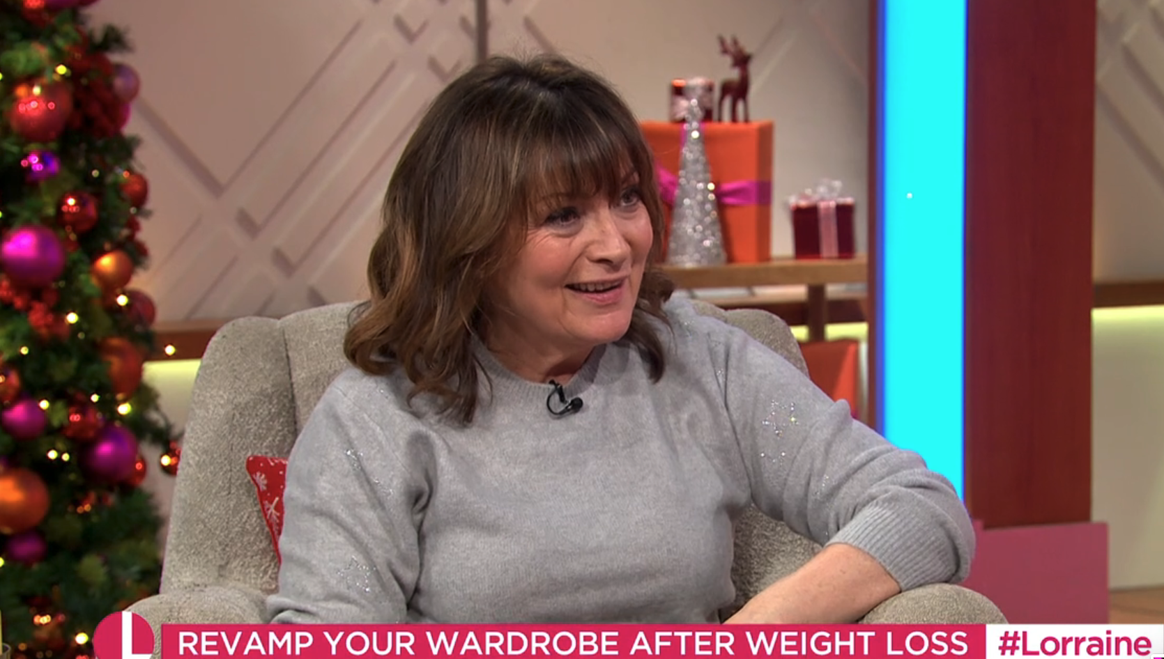 Lorraine Kelly in a silver top on her TV show