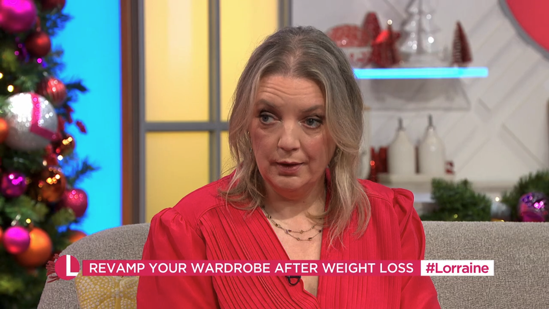 Claer Barrett in a red dress on Lorraine