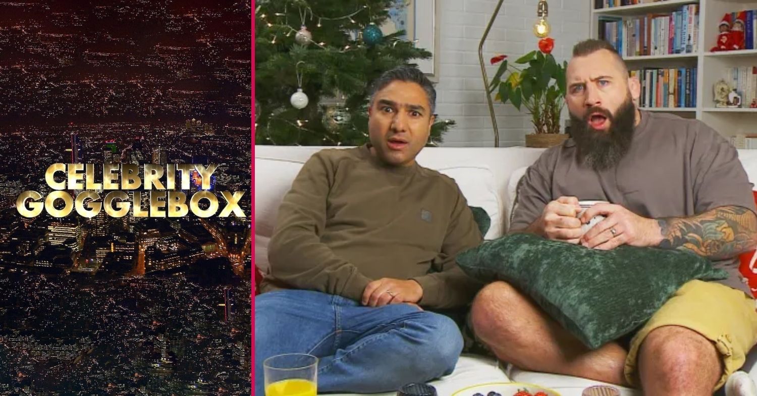 Celebrity Gogglebox logo and Nick Mohammed and Joe Marler on the show