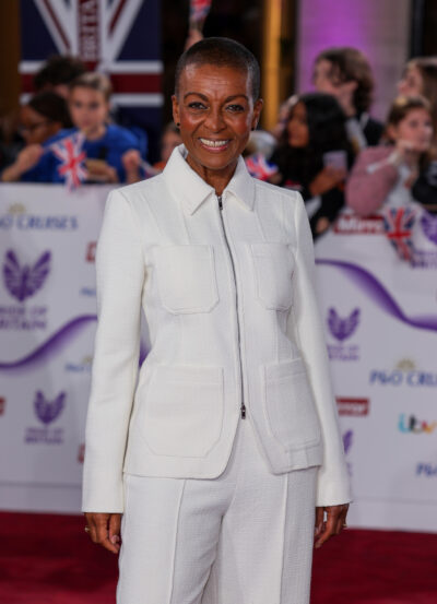 Adjoa Andoh in white suit at event
