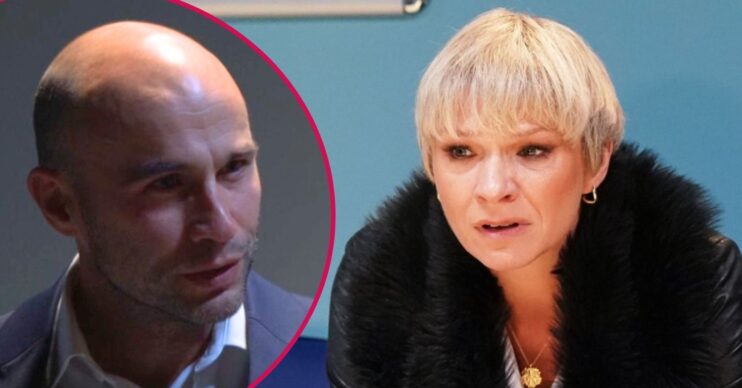 Nicola looks worried on EastEnders; inset Teddy's stressed (Credit; BBC/Composite: ED!)