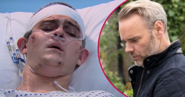 ED split pic: Dylan in hospital / Ray annoyed in Emmerdale