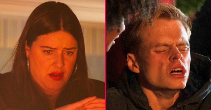 Composite image of Zoe and Oscar on EastEnders; she's scared by a fire, he looks pained (Credit: BBC/Composite: ED!)
