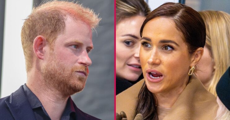 ED composite of Meghan Markle and Prince Harry with serious expressions