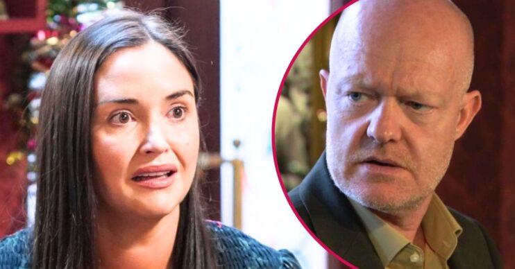 Lauren looks pained on EastEnders; inset, Max is angry (Credit: BBC/Composite; ED!)