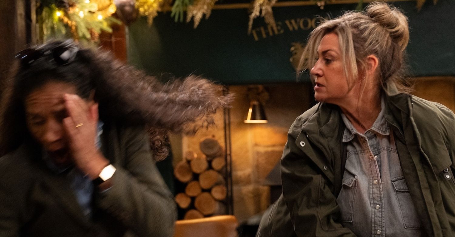 Celia reels as she's slapped by furious Moira in Emmerdale (Credit: ITV)