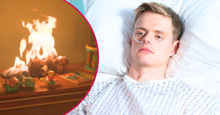 Oscar in hospital in EastEnders; inset, the fire (Credit: BBC/Composite: ED!)