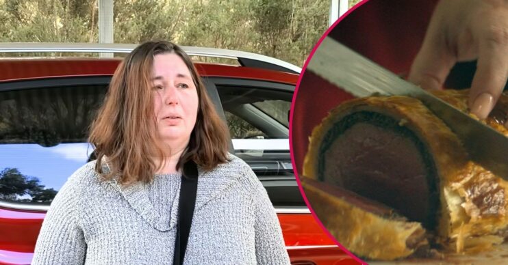 Erin Patterson crying and a Beef Wellington being sliced