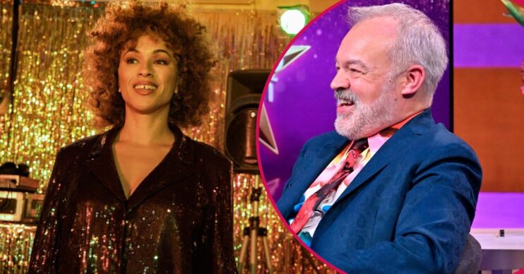 Michelle De Swarte on BBC's Spent against a gold backdrop, and Graham Norton laughing in a separate image