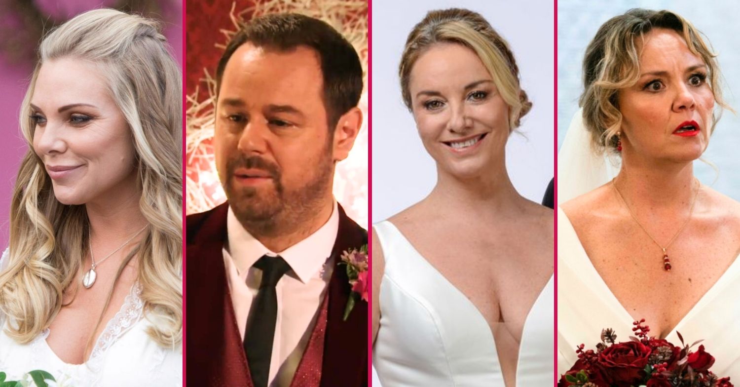 Composite image of Ronnie, Mick, Mel and Janine in their EastEnders wedding outfits (Credit: BBC/Composite: ED!)