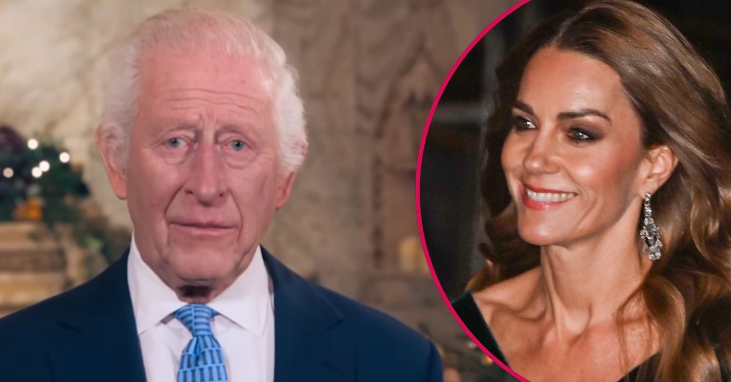 King Charles during hia Christmas speech beside Princess Kate smiling