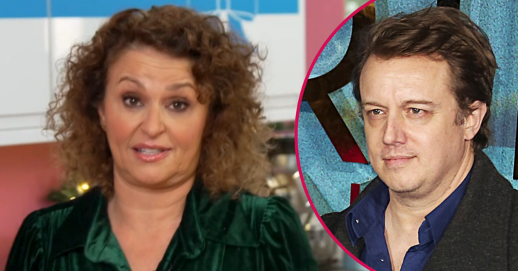Nadia Sawalha cooking on Loose Women and husband Mark inset