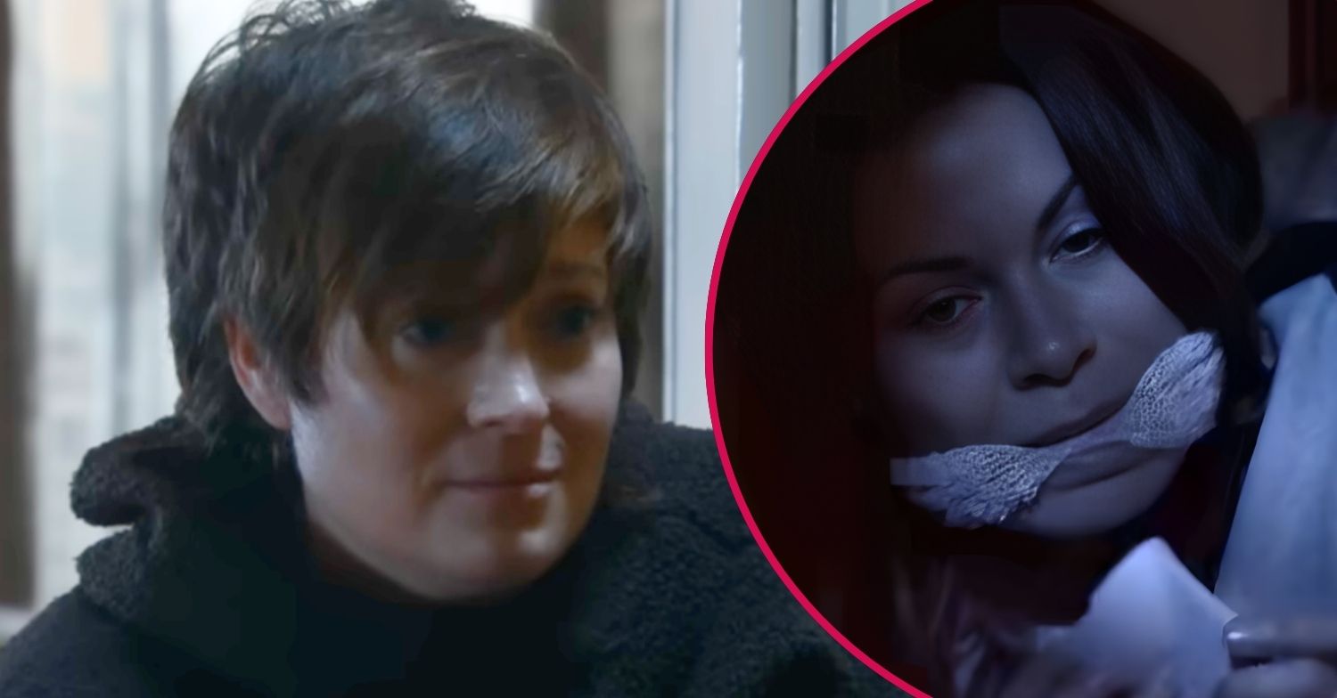 Becky looks worried on Coronation Street; inset, Carla gagged (Credit: ITV/Composite: ED!)
