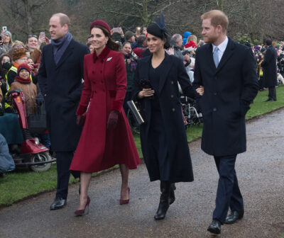 Prince Harry, Meghan Markle, Prince William and Kate Middleton at Christmas Day walkabout 2018