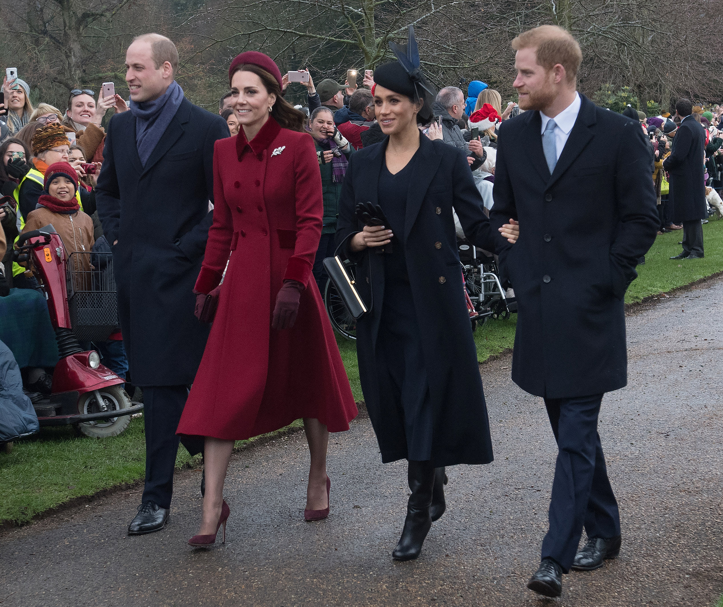 Prince Harry, Meghan Markle, Prince William and Kate Middleton at Christmas Day walkabout 2018