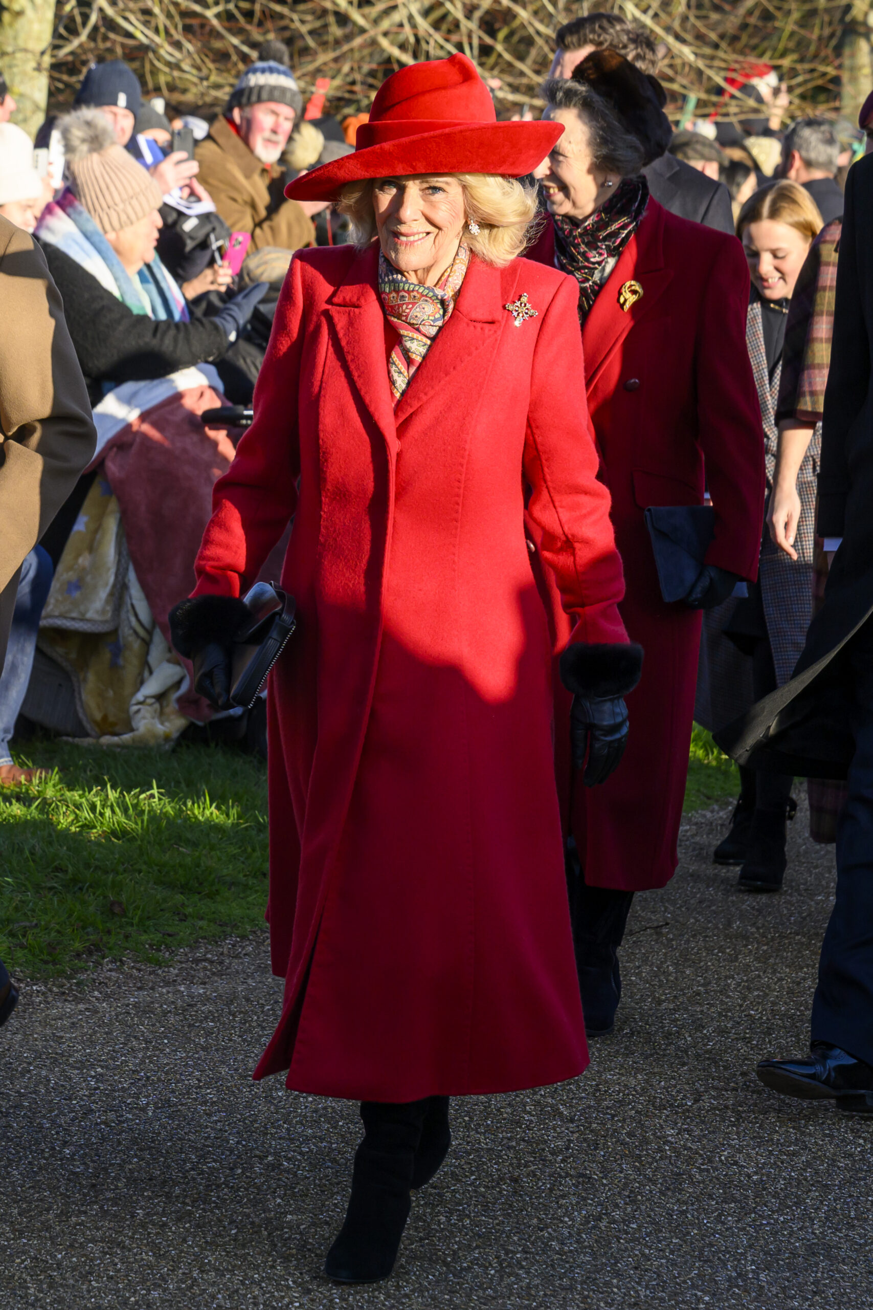 Queen Camilla in red outfit on Christmas Day