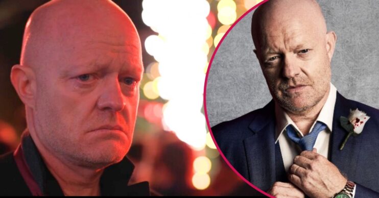 Max looks upset on EastEnders; inset, in his flashforward suit (Credit: BBC/Composite: ED!)