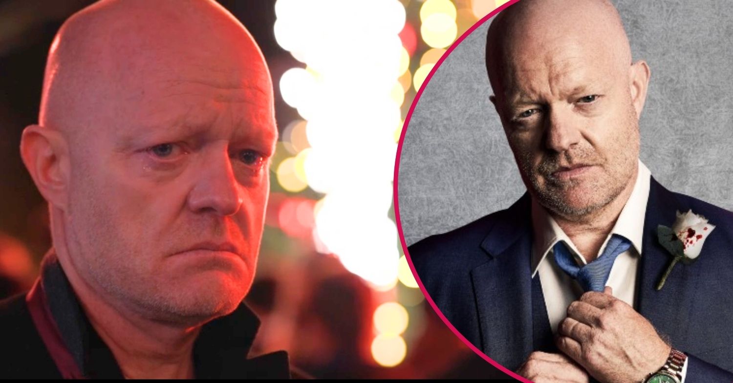 Max looks upset on EastEnders; inset, in his flashforward suit (Credit: BBC/Composite: ED!)