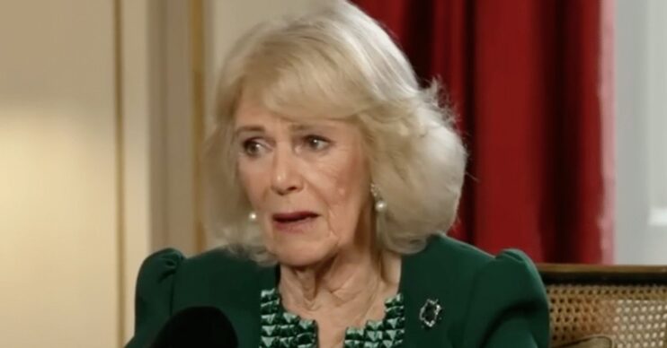 Queen Camilla with an emotional expression